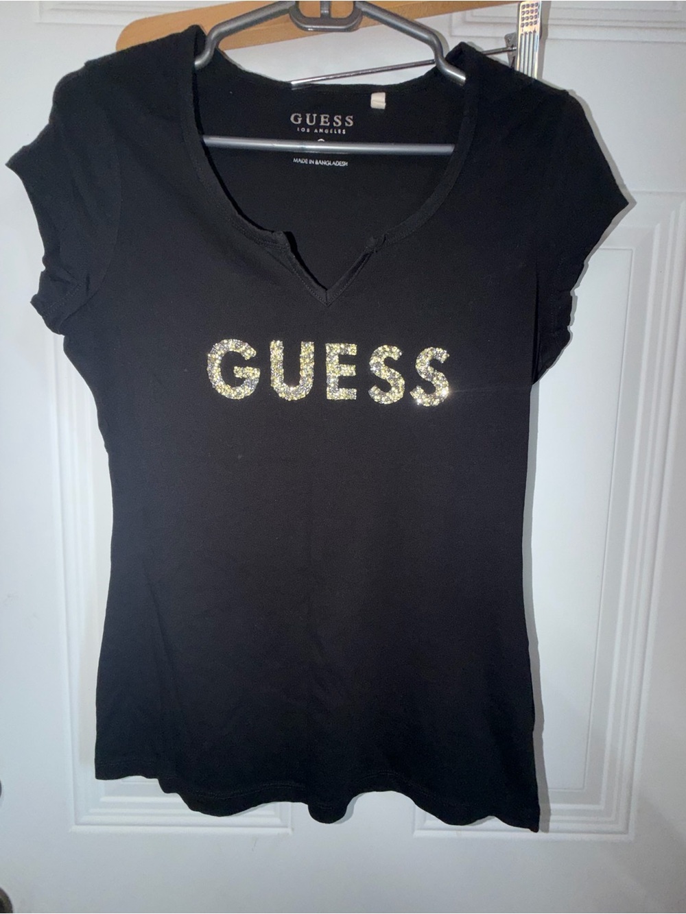 GUESS Black V-Neck Tee with Gold Glitter Logo